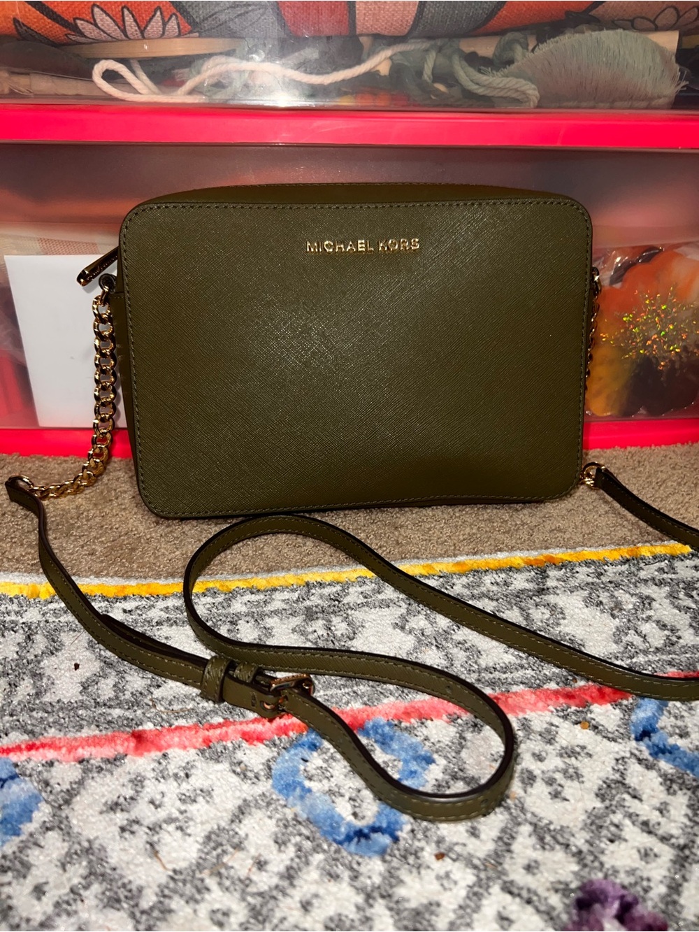 Michael Kors Olive Green Saffiano Crossbody Camera Bag with Gold Hardware